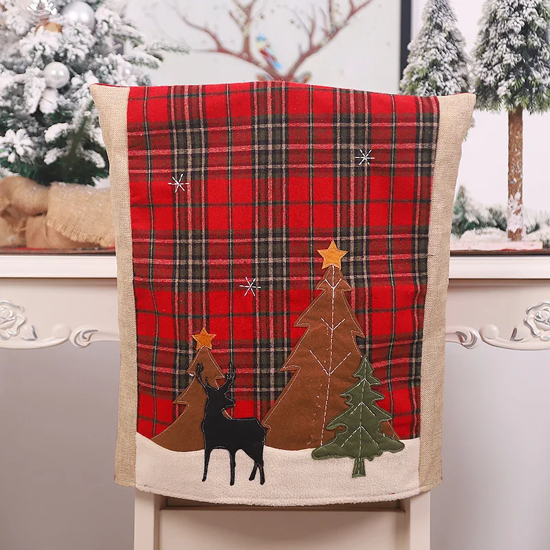 Wholesale red plaid tree pattern xmas chair cover polyester jacquard fabric christmas chair cover