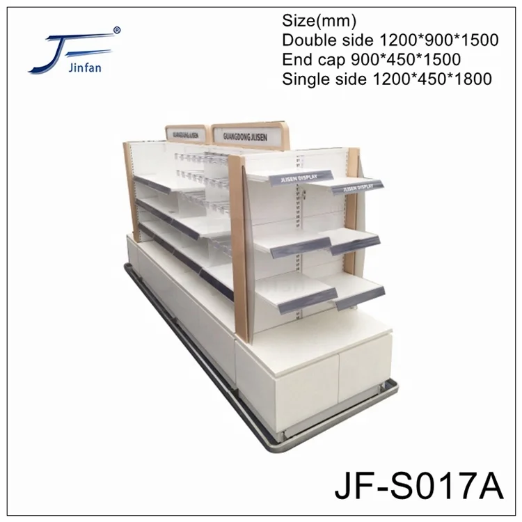 Supermarket steel and wood structure cosmetics and skin care products glass display shelf
