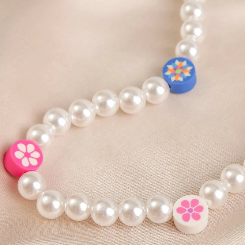 Ins Trendy Boho Colorful Flower Polymer Clay Pearl Beads Smiley Face Necklace