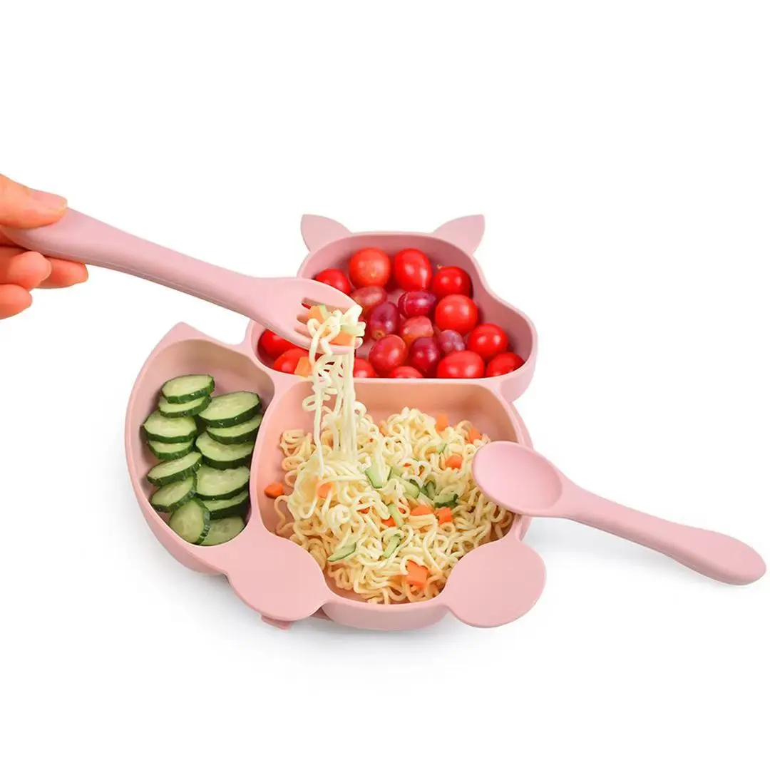 Silicone Baby  Suction Plate Sucker Animal  Plates with Forks and Spoons for Baby Feeding Products