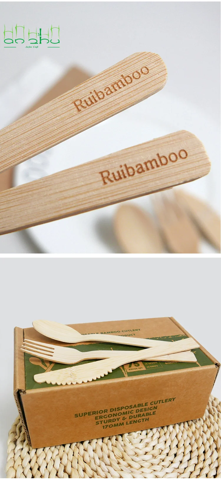 Customized Support For Food Fork Knife Spoon Tableware Bamboo Cutlery BBQ Biodegradable Disposable Picnic Party