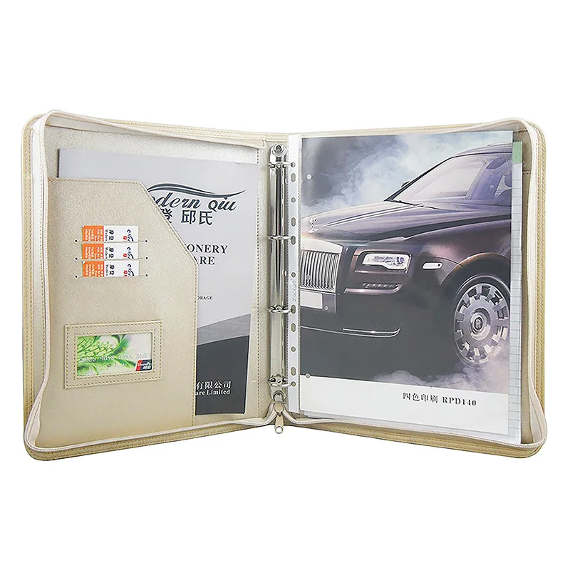 ModernQiu Custom A4 PU Leather Business Zipper Portfolio 4 Binder Presentation  Padfolio Folder for Document Use