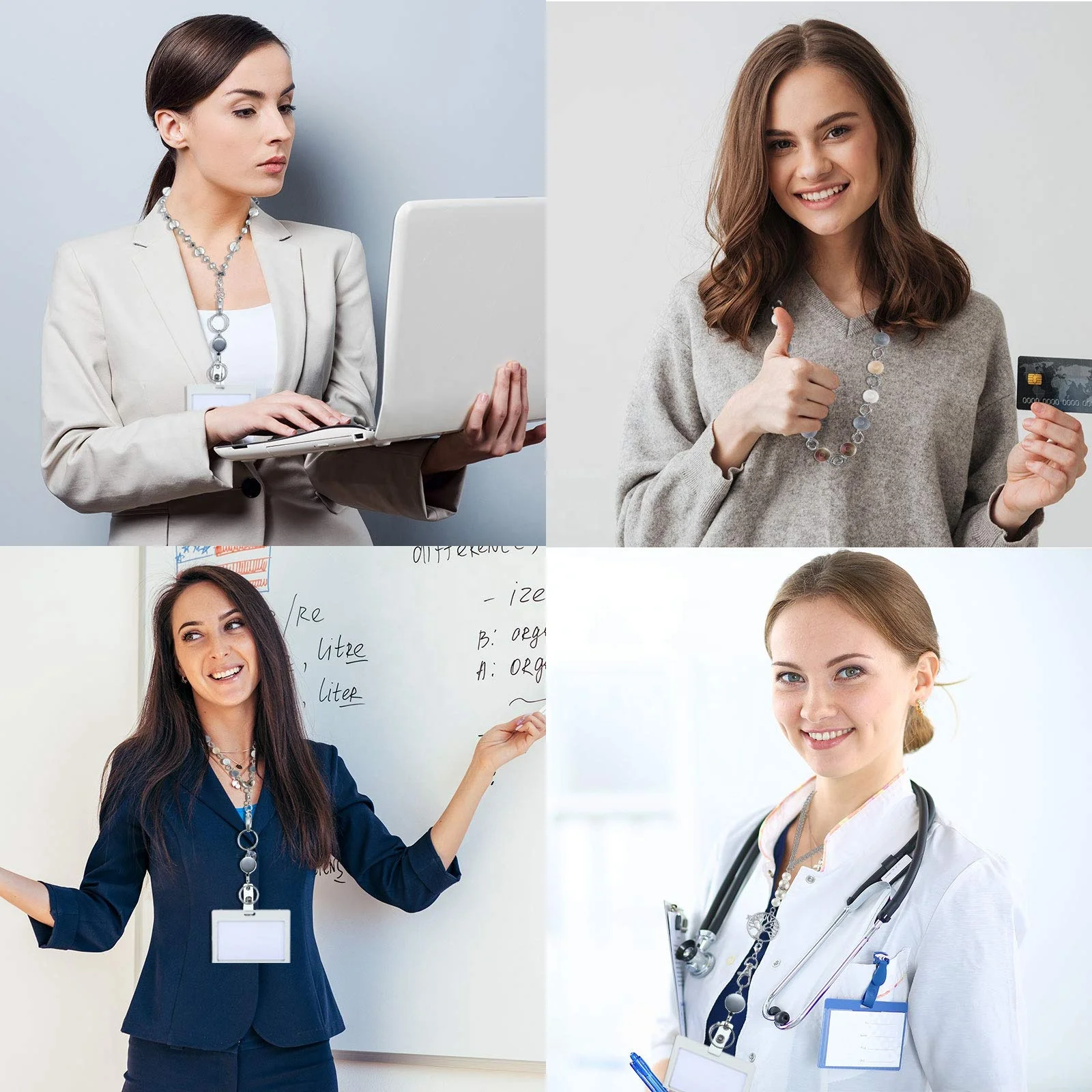 Fashion ID Badge Lanyard Necklace Beaded Chain Retractable Badge Reel Holder For Men Women