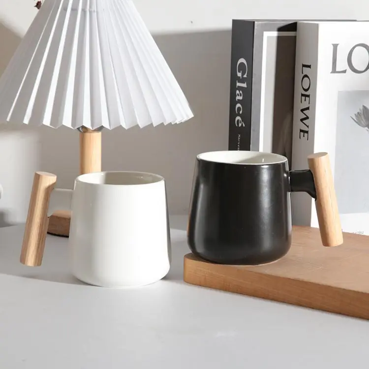 Custom Logo Factory Wholesale Personalized Printed Porcelain Ceramic Tea Milk Coffee Mug Cup With Wooden Handle