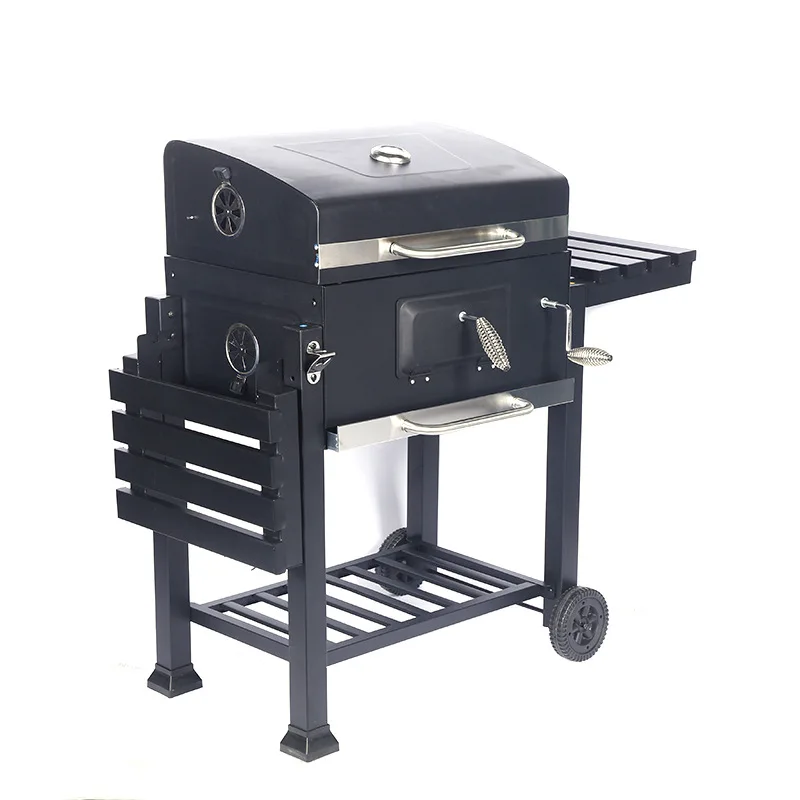 Big Barbecue Black Outdoor Meat Smoker Square Large Charcoal Trolley BBQ Grill with Side Table