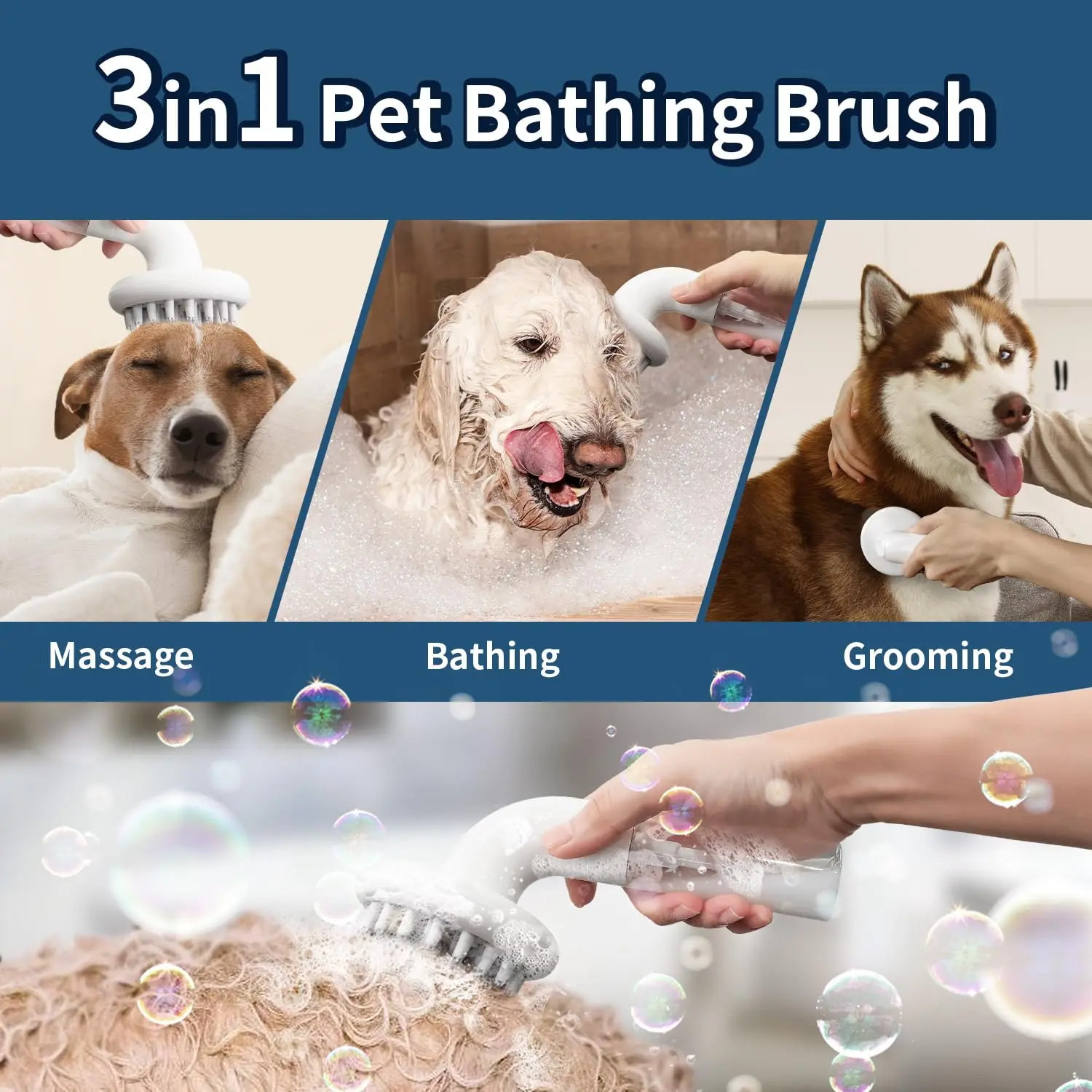 Customized 3 in 1 Bathroom Cat Dog Pet Bath Brush Massage Brush Soft Silicone Pet Grooming Accessories for Dogs Shower