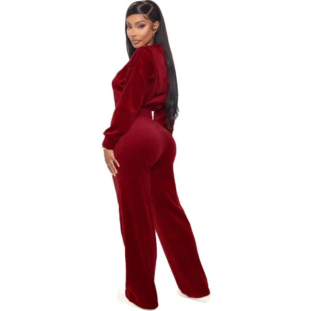 New Fashion Pullover Hoodie Wide Leg Pants Long Sleeve Outfits Flare Pants Winter velvet tracksuits for women 2 piece set