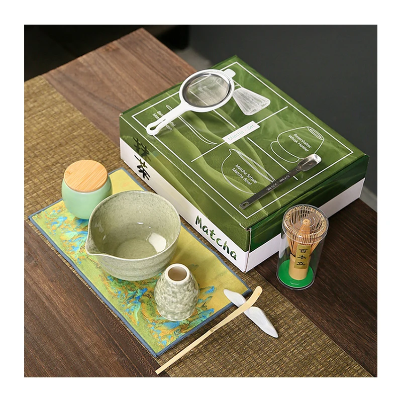 Factory Wholesale Gift Box 9Pcs Matcha Tea Set With Bamboo Whisk Holder Ceramic Tea Bowl Matcha Tea Strainer Tool Set