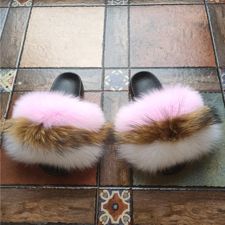 Factory wholesale Fashion Fox Fur Slides Slippers Custom Real Mink Fur Raccoon Fur Sandals woman shoes