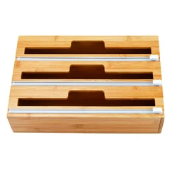Bamboo Cling Wrap Dispenser with Cutter 3-in-1 Plastic Wrap, Wax Paper, Aluminum Foil Dispenser Organization and Storage