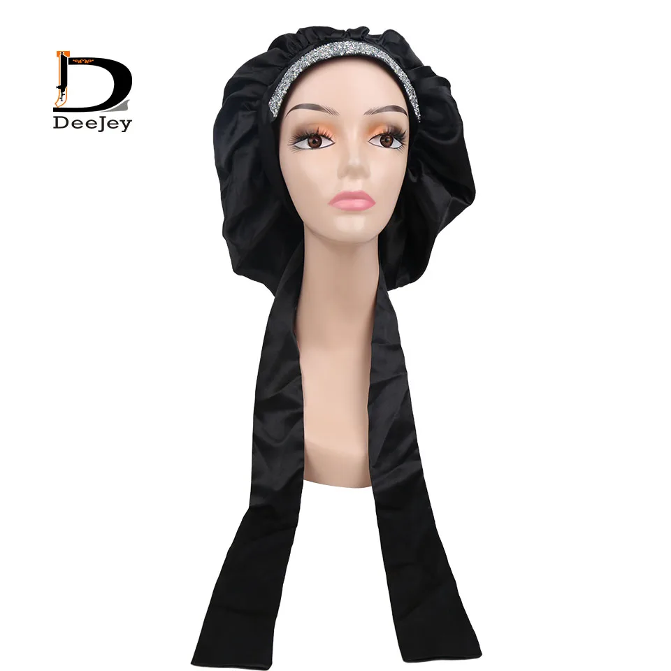 Custom Logo Glitter Diamond Satin Bonnets with Rhinestone Band Double Layer Bonnets and Satin Hair Edge Wraps
