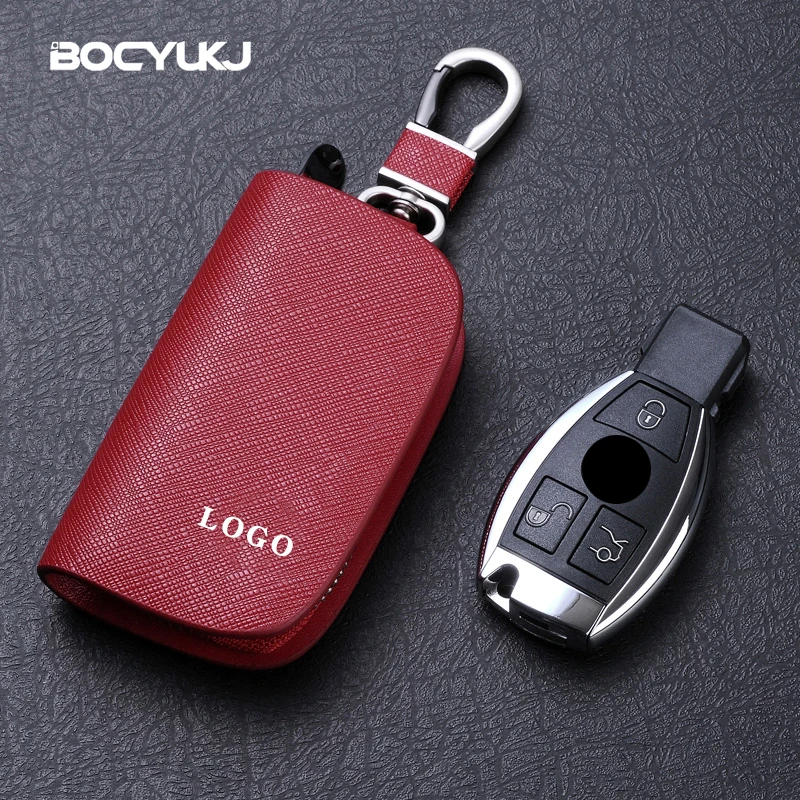 Leather Car Key Case Universal Keychain For BMW Mercedes Audi VW Land Rover JEEP Fiat MG Key Cover Protector Accessories