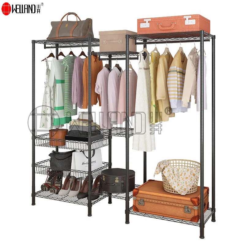 Heavy Duty Modern Wire Closet Shelving Hanging Adjustable Powder Coated Black Wire Metal Garment Storage Rack