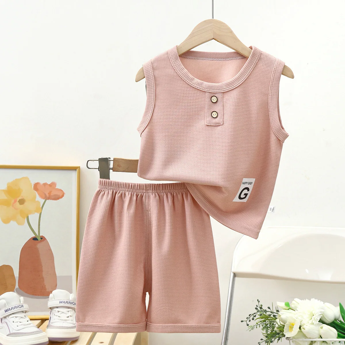 2024 new style baby clothes set popular hot sale summer children clothes set Two piece waffle vest wholesale good price.