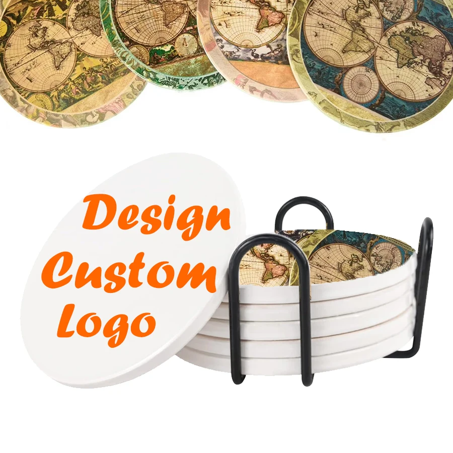 Absorbent Stone round ceramic vintage picture old world maps on tile for placemats and coasters Traditional Decor