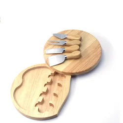 Unique Natural Wood Round Board  4pcs Cheese Knife Tool  Cutter  Butter Spatula  Set with gift box