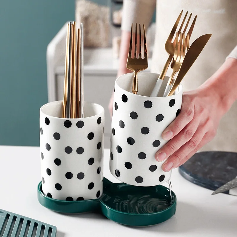 European Ceramic Chopstick Holder Drain Chopsticks Cutlery Holder Storage Tank Double Tube Kitchen Utensil Holder