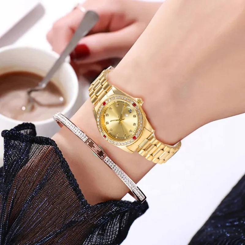 Factory Wholesale Fancy Ladies Watches Diamond Ladies Golden Watch Stainless Steel Quartz Watch