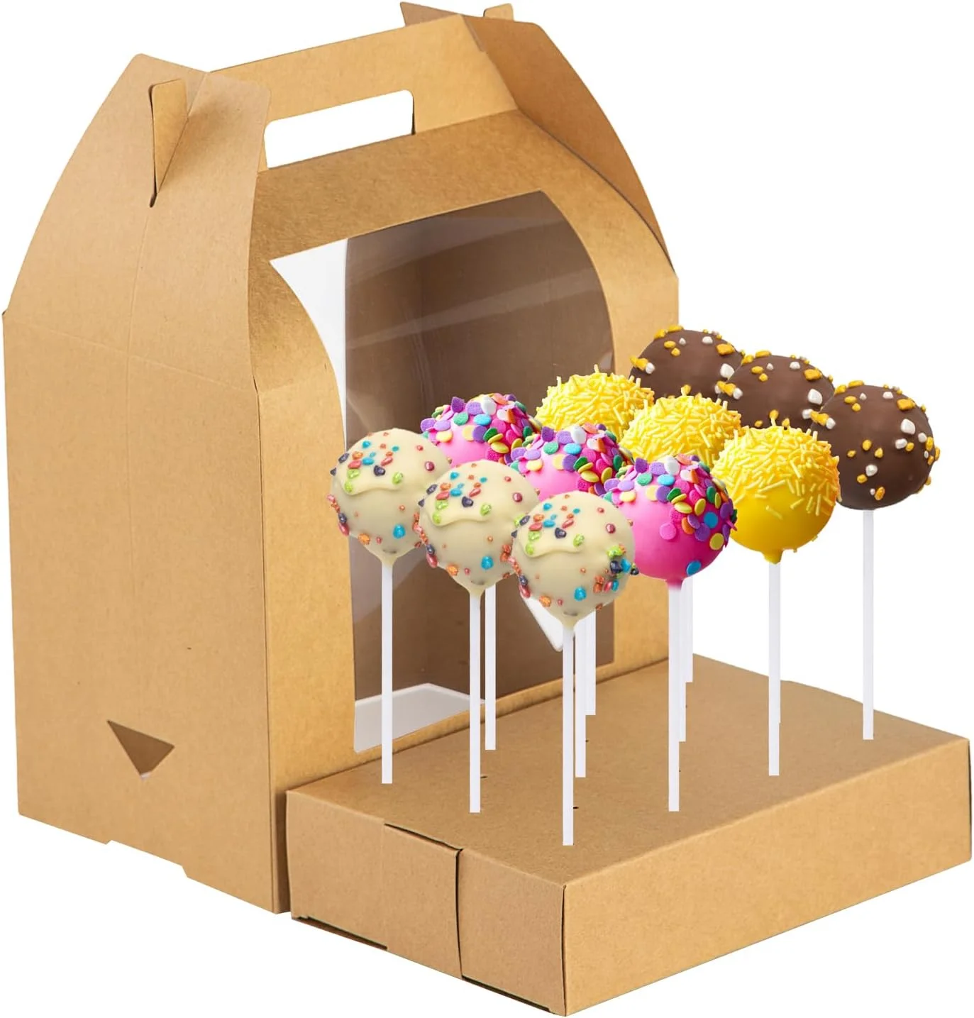 XJH Elegant Kraft Paper Cake Pop Boxes Stylish Packaging for Cake Pops Portable Holder Displaying Stand with Clear Window