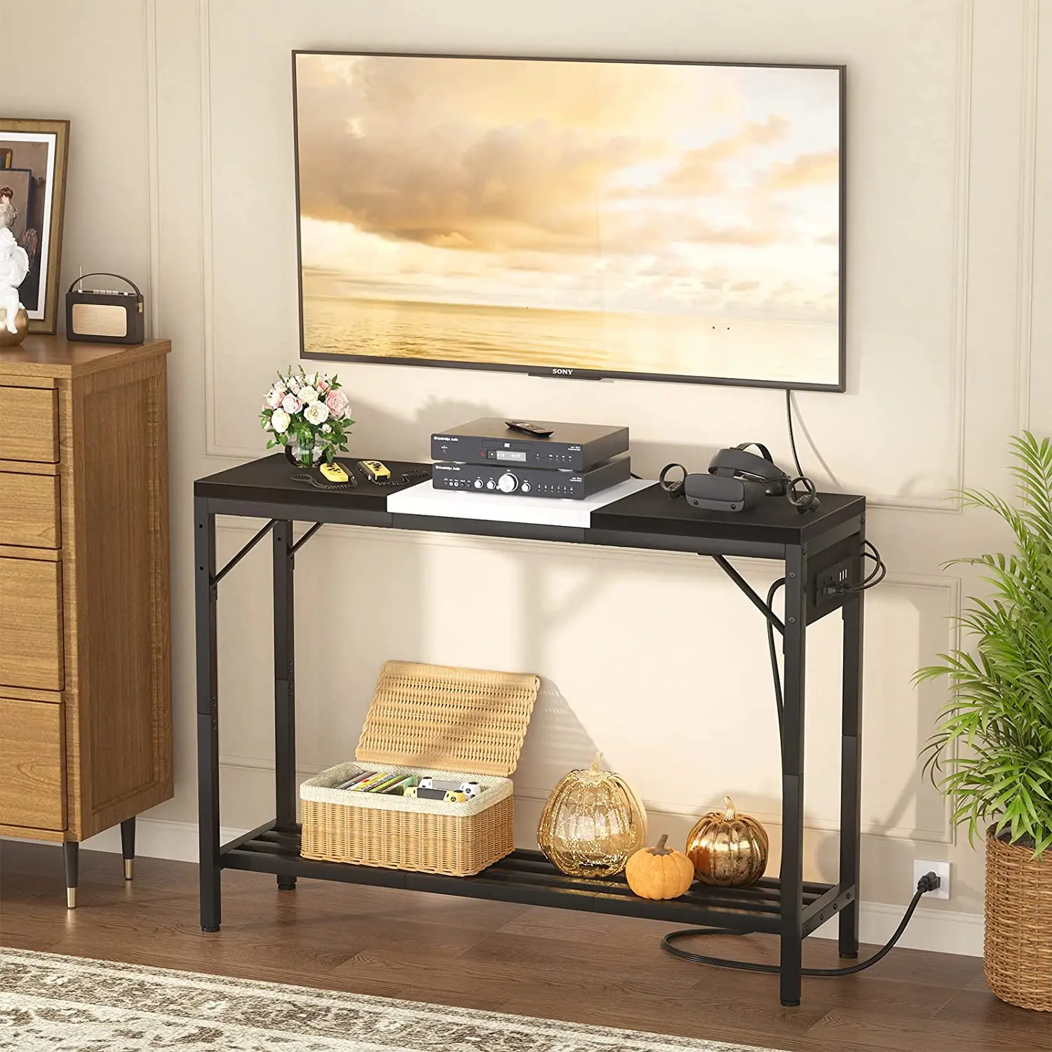 Living Room FurnitureModern Entryway Small Sofa  Console Table with Outlets and USB Ports 2 Drawers Storage Shelves