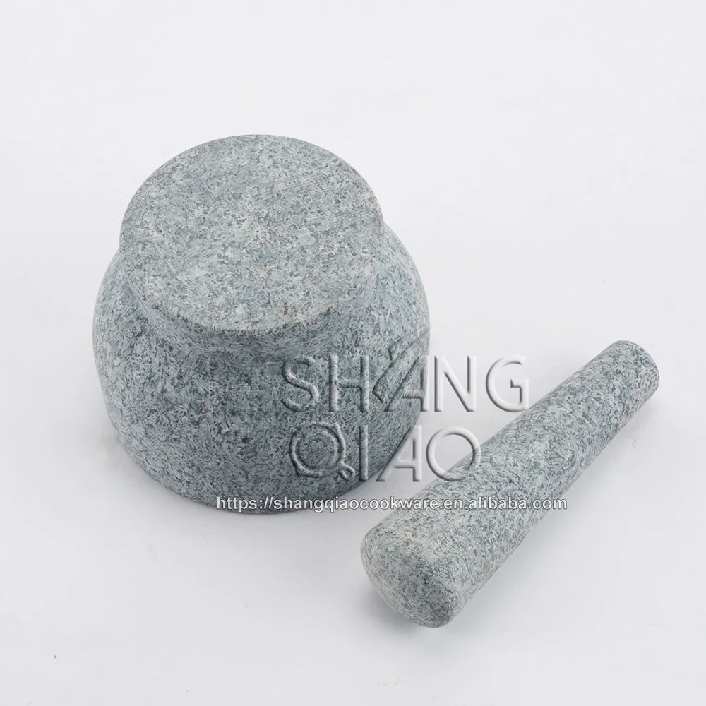 Amazon Hot Sale Natural Unpolished Exterior Granite Mortar and Pestle with Bonus Bamboo Lid and Cork Mat