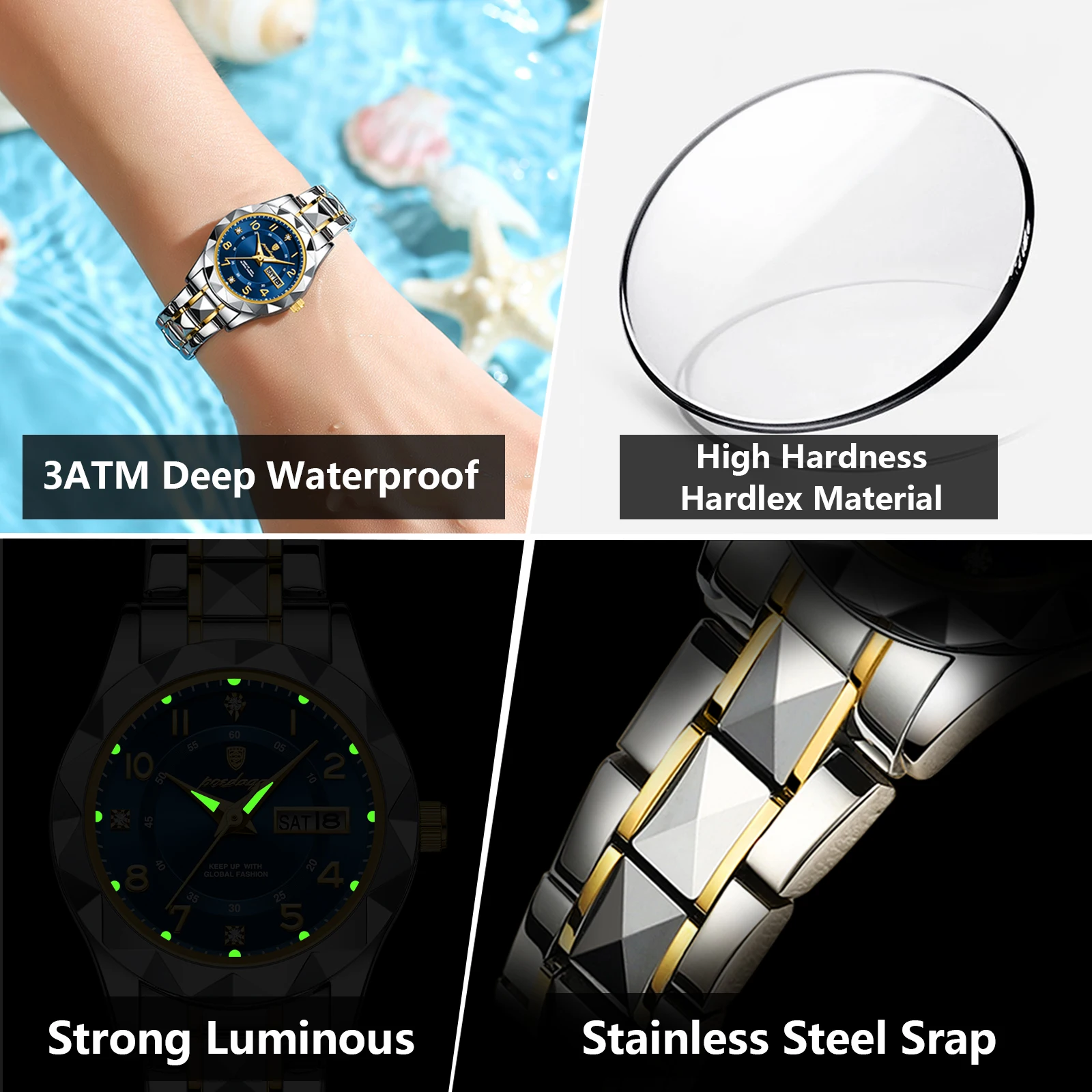 POEDAGAR 782 small size two tone women quartz watch latest Steel Strap water resist Luminous date display moq 1 Casual watch set