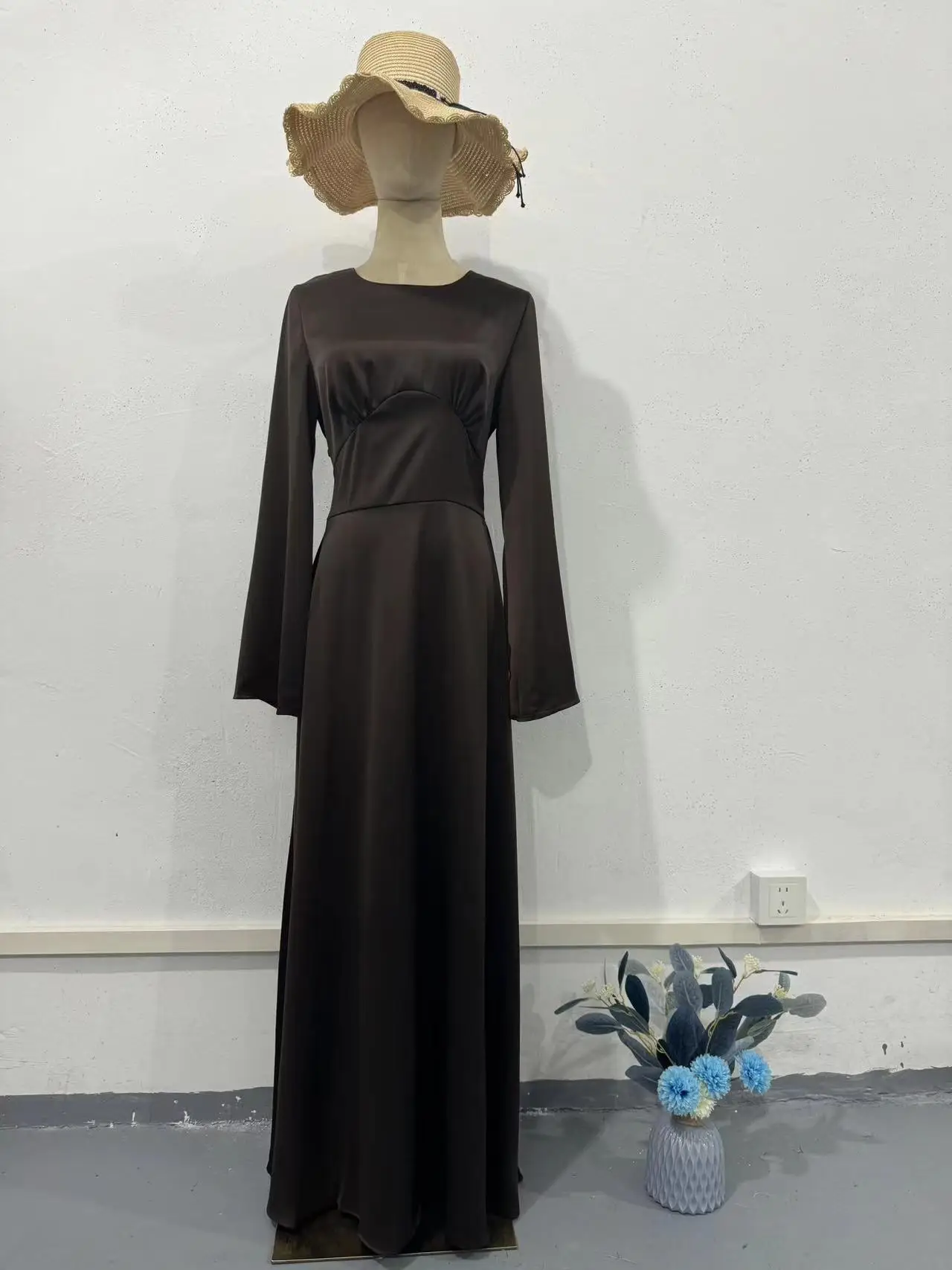 High Collar Chiffon Evening Dress A-line Sky Blue Prom Dress Long Sleeves Pleated Formal Occasion Evening Dresses For Women