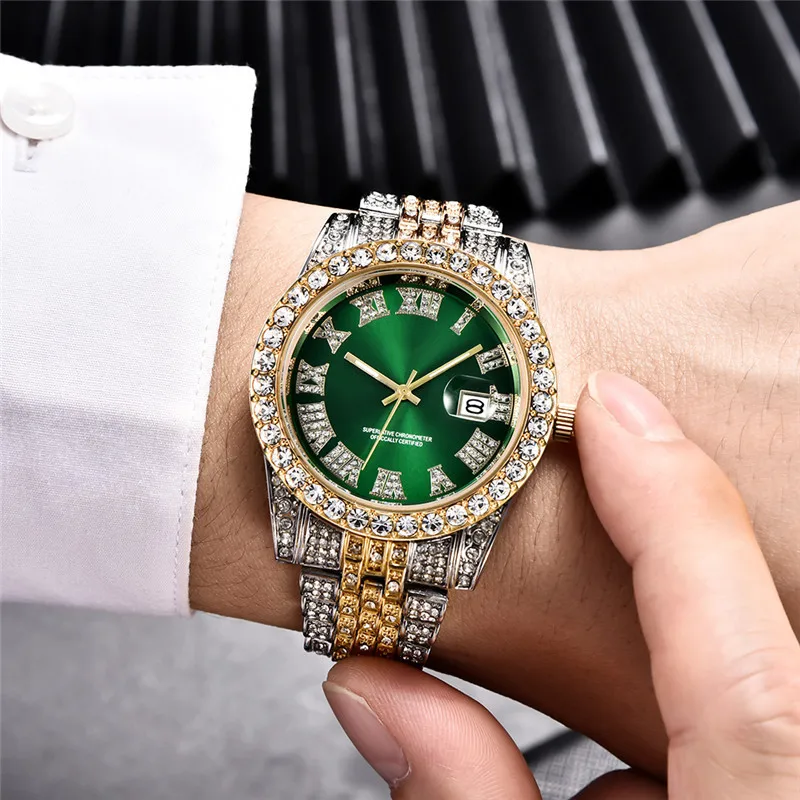 Fully Bling AAA Diamond Luxury Fashion Quartz Watches Gold Silver Role Relogio Masculino Steel Bracelet Mens Clock Dropshipping