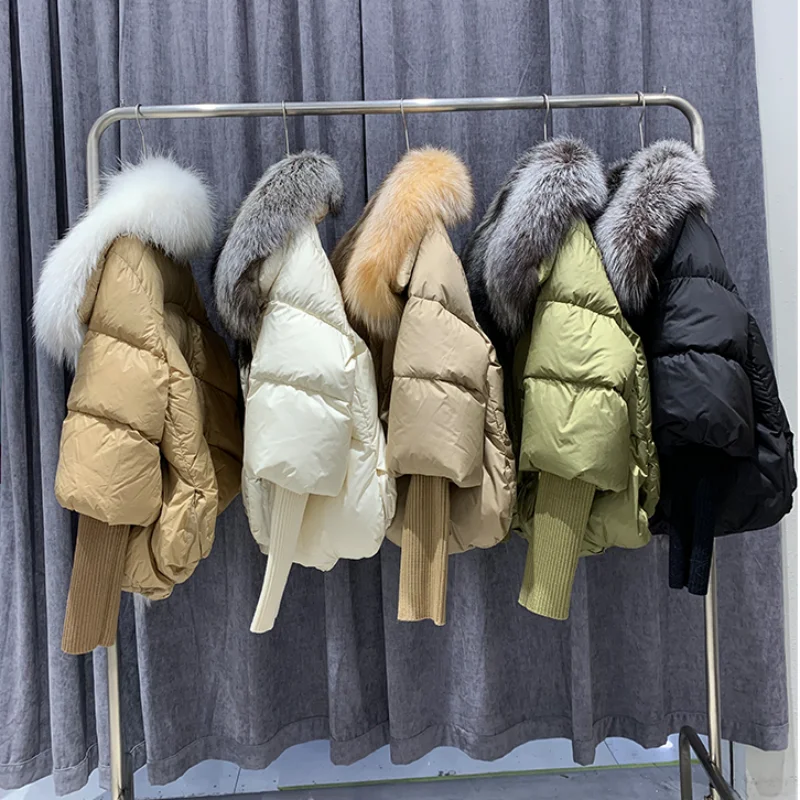 Factory Wholesale Real Silver Fox Fur Big Collar Rib Cuff Women Winter Goose Down Coat Bubble Down Puffer Coat