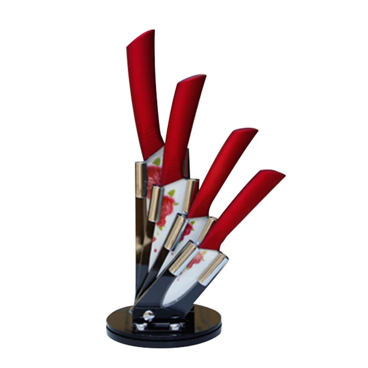 Набор керамических ножей шеф-повара с лезвием и цветочной печатью в акриловой подставке, 5 шт.