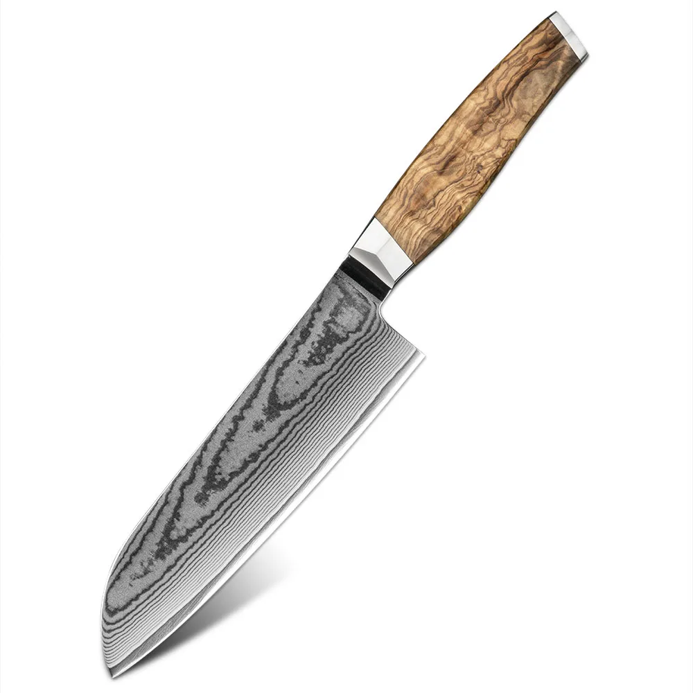 Custom Logo 7 inch Damascus Santoku Knife VG 10 Damascus Steel Kitchen Knives With Olive Wood Handle