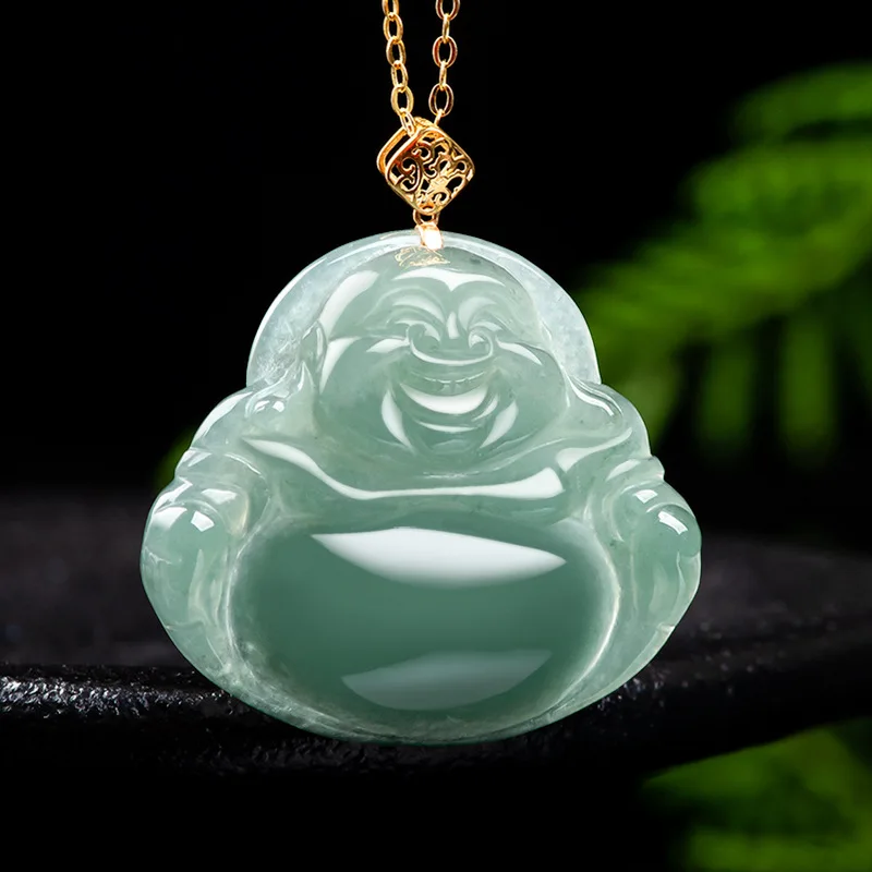 High Quality A Grade 18K Gold Inlaid Natural Myanmar Jadeite Buddha Maitreya Buddha Ice Jade Necklace Pendant with certificate