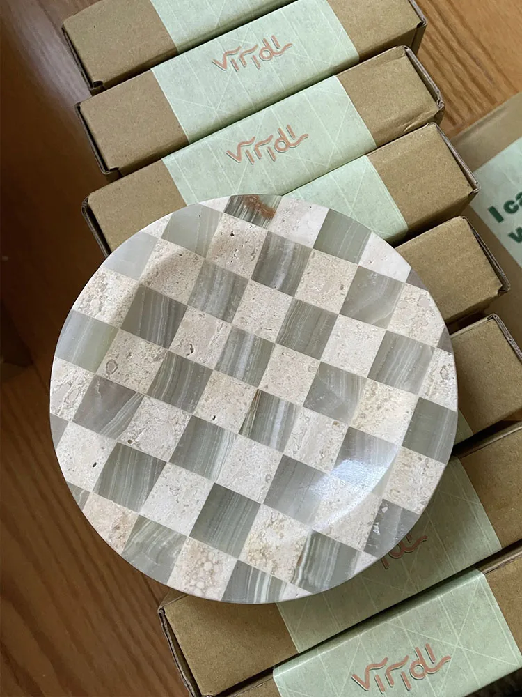 stonekocc D12CM Vintage Checkered Mosaic Green Onyx with Travertine Marble Catchall Small Item Storage Organization Serving Tray