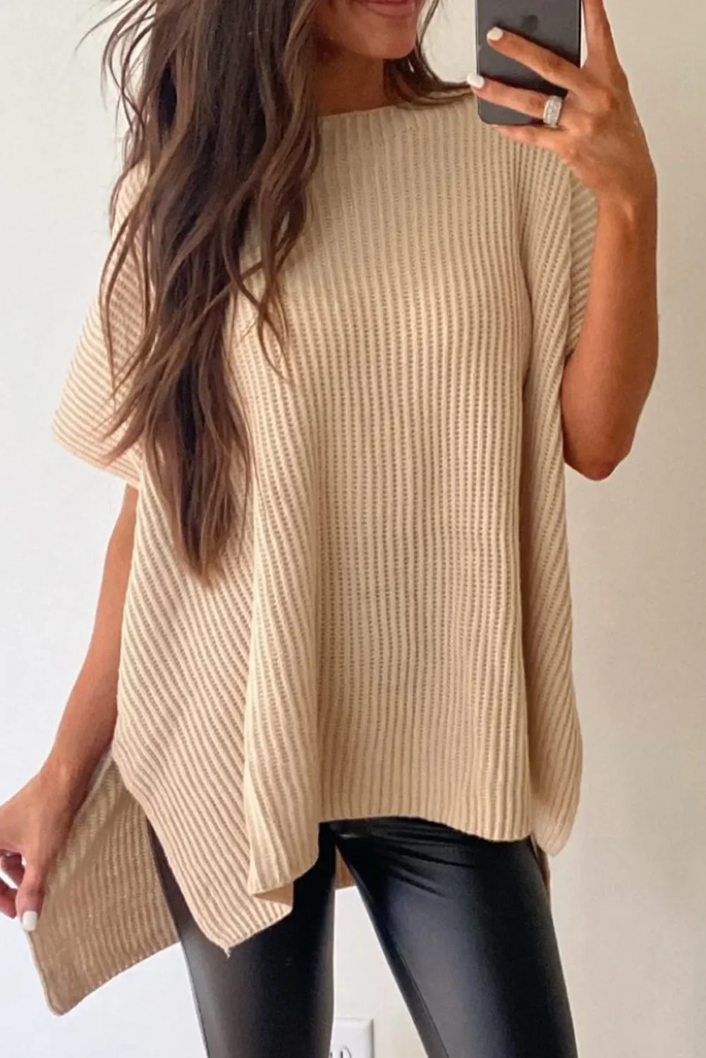 Women Fashion Apricot Short Sleeve Side Slit Oversized Sweater