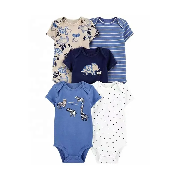 Low price summer 5 pcs set bodysuit short sleeve 100% cotton cute fashion rompers for baby boy