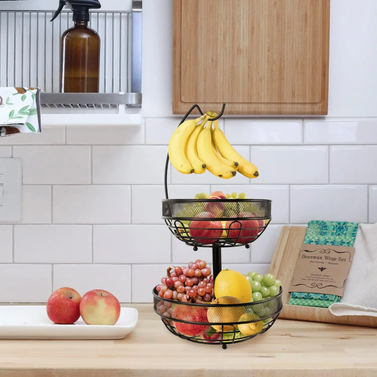 Custom 2-Tier Fruit and Vegetable Basket with Banana Hanger Kitchen Counter 2 layers Sturdy Metal Fruit Bowls