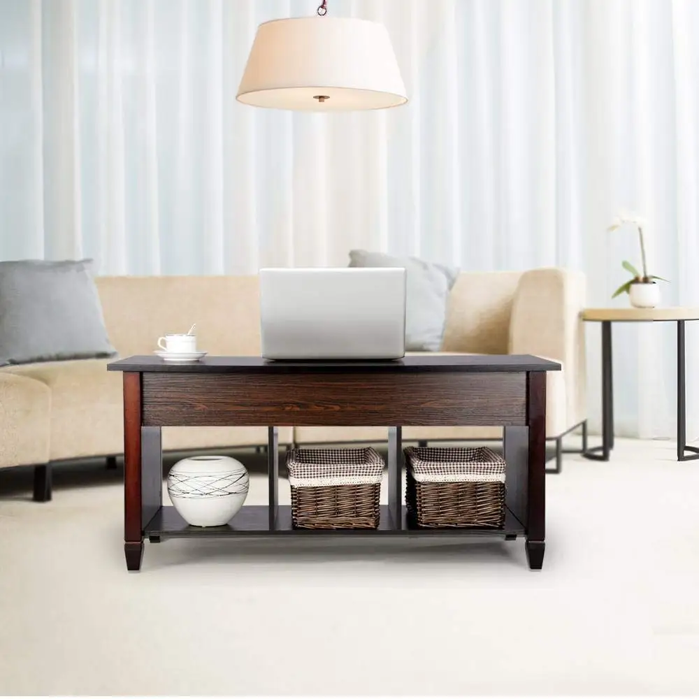 
hot sale living room furniture modern extendable lift up top wood coffee table with storage compartment shelf 