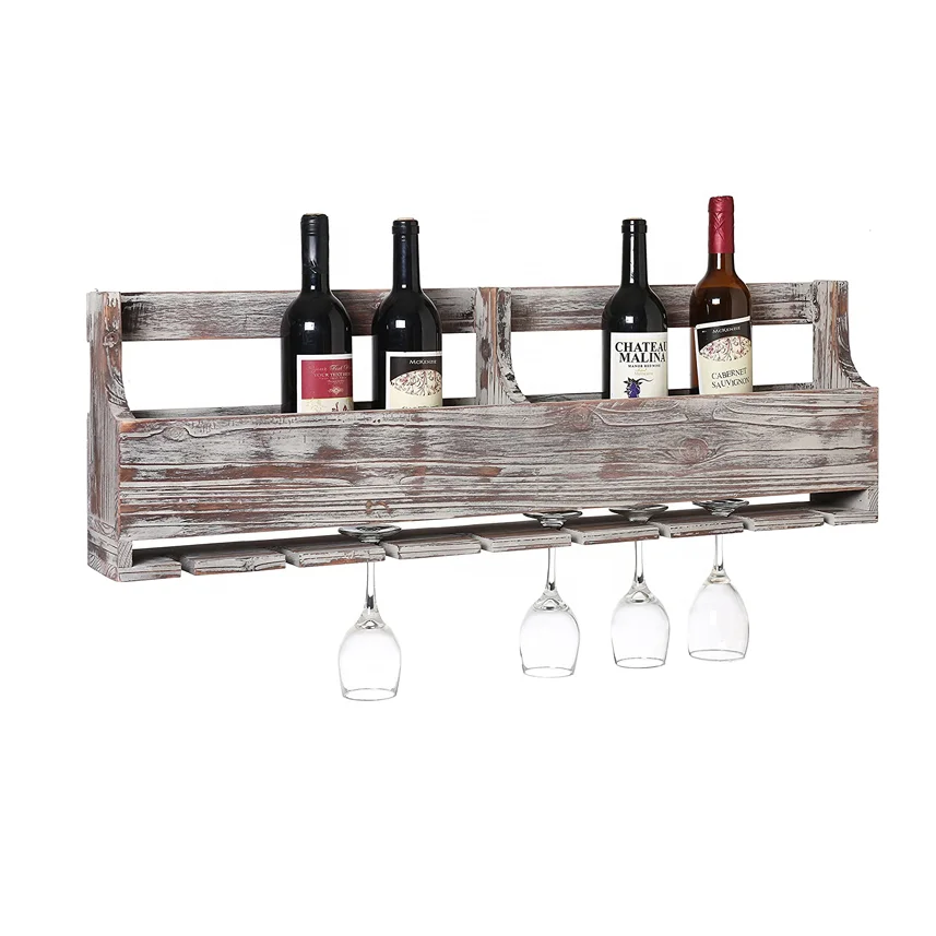 Floating Wall Mounted pine solid wood indoor restaurant kitchen wooden wine display shelf for glass cup wine