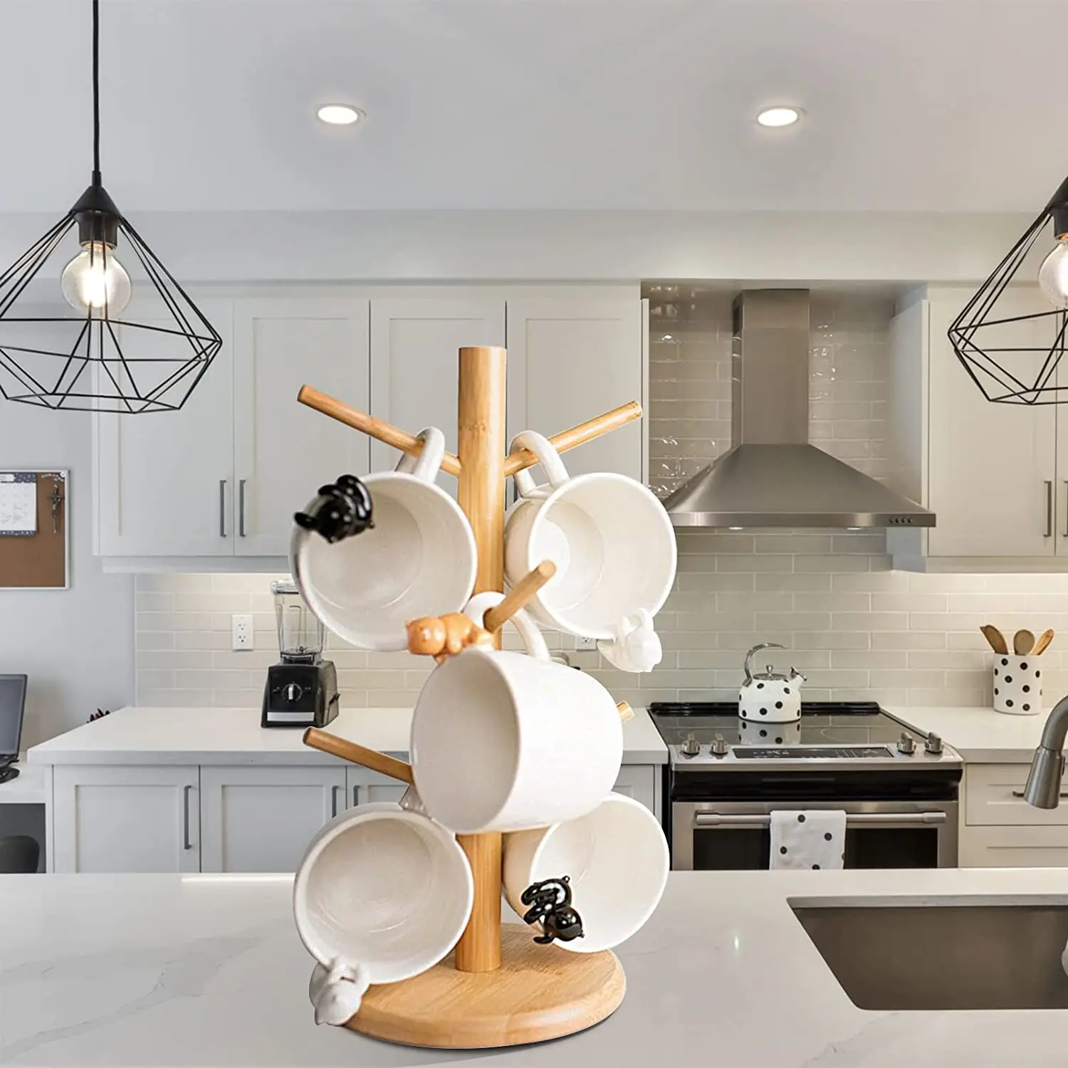 Single-Tier Bamboo Wood Cup Stand for Coffee Beer Tea with Tree Design for Glass Mugs Wood Mug Holder