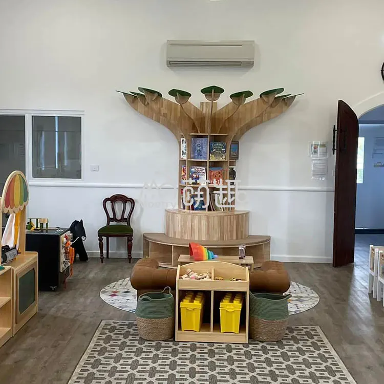 Moetry Australia Hot Sale Kids Library Furniture 1/2 Half Wooden Reading Bench Tree Shaped Bookshelf