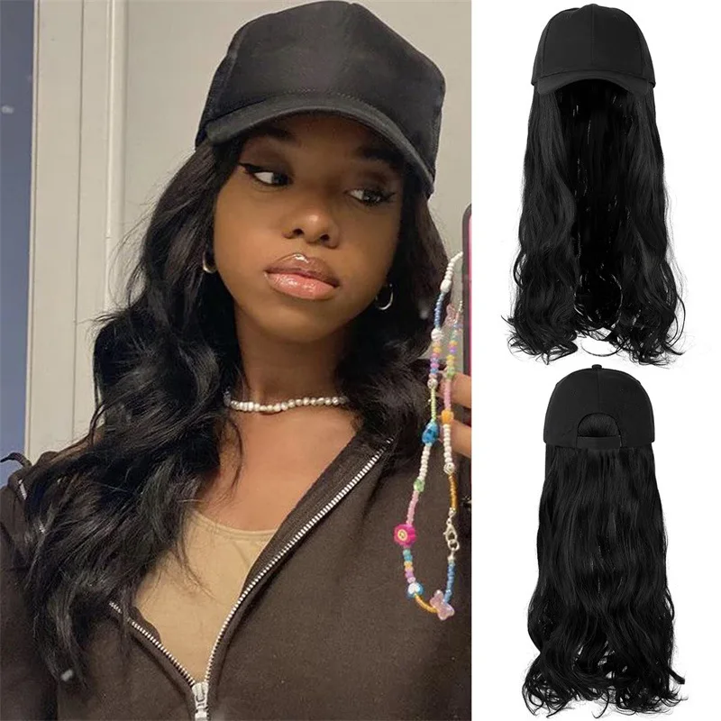 Wholesale Super Quality Long Wavy Natural Wig With Hat Women Heat Resistant Synthetic Hair Wigs Artificial Hair Fiber