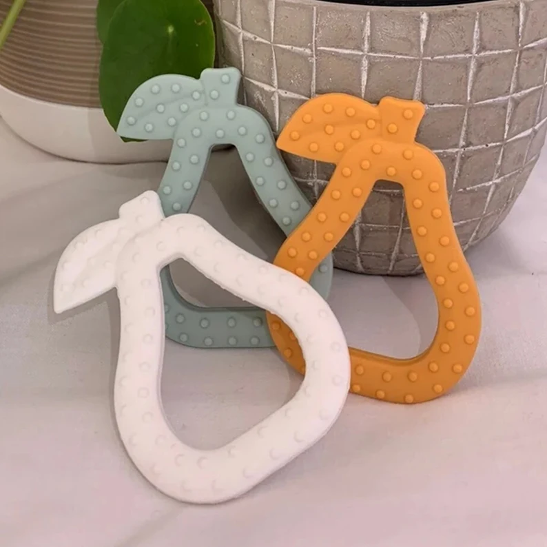 Hot Pear Fruit Shape Bpa Free Baby Silicone Soothing Teether Silicone Teething Rings Molar Infant Toys Silicone Baby Teether Set