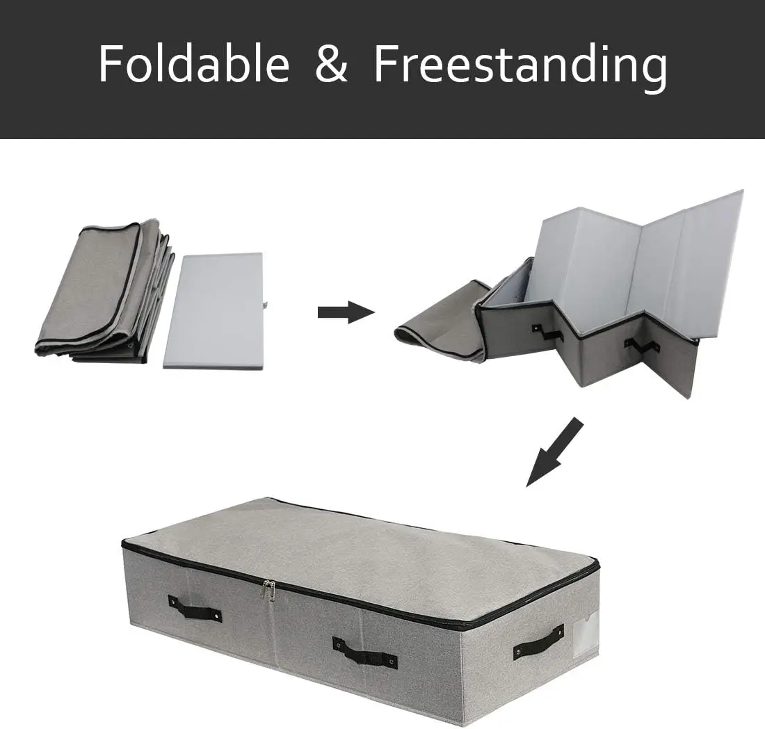 Large Sturdy Underbed Storage Box with Zip Lid Handles on Rigid Sturdy Plastic Board Inside Foldable Blanket Clothing Organizer