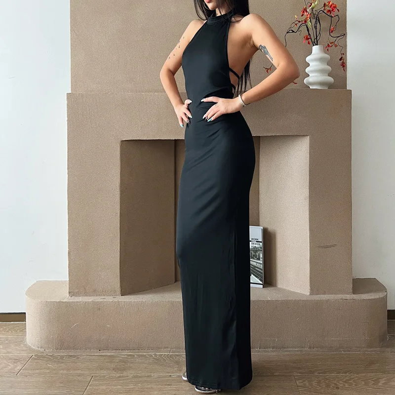 New Stylish Apparel Women 2024 Summer Casual Clothing Halter Backless Elegant Evening Maxi Dress Sleeveless Slit Sexy Party