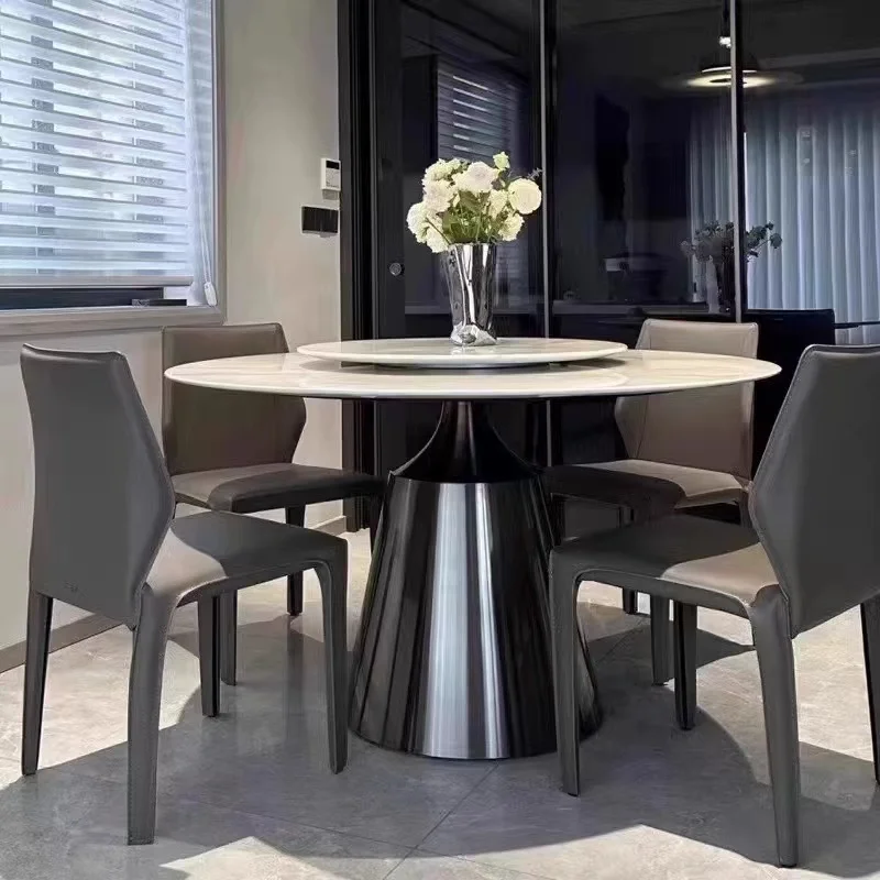 Modern Light Luxury Minimalist Round Rock Board Dining Table Stainless Steel Round Table with Turntable