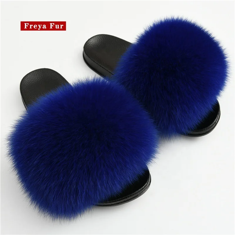 
Vendor Womens Fashion Fur Trendy Slippers Outdoor Real Fox Royal Blue Pvc Fur Slides 