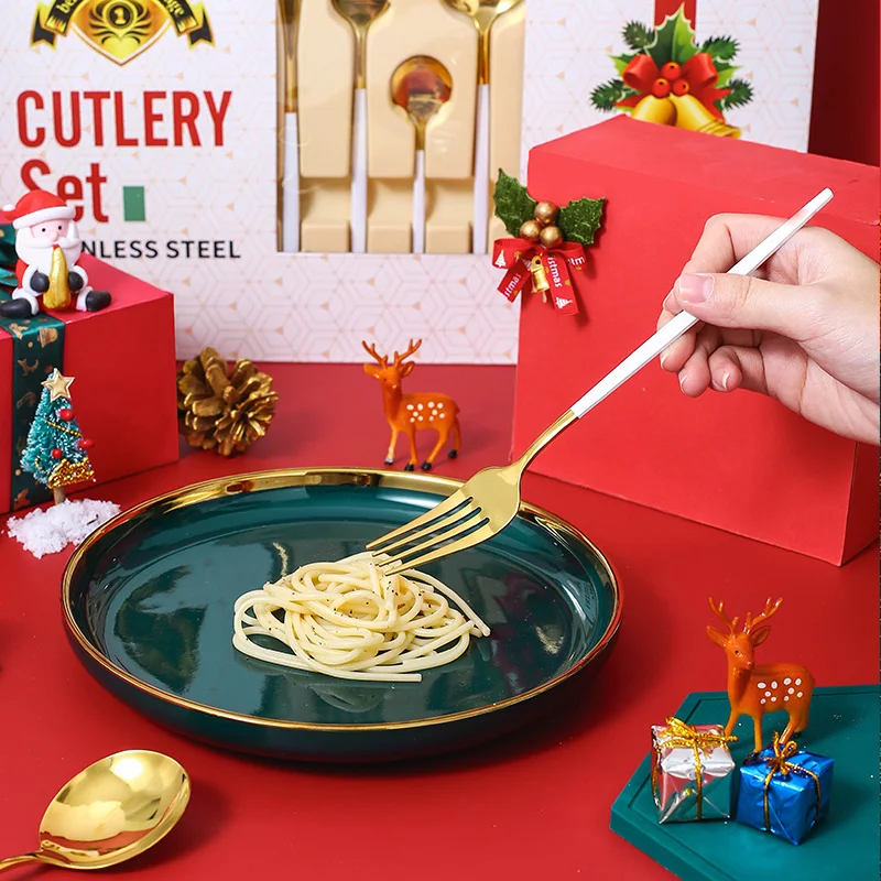 
Christmas Cutlery Hot Sale Luxury 24 Pieces Food Grade Stainless Steel Black Gold Flatware Set With Gift Box 