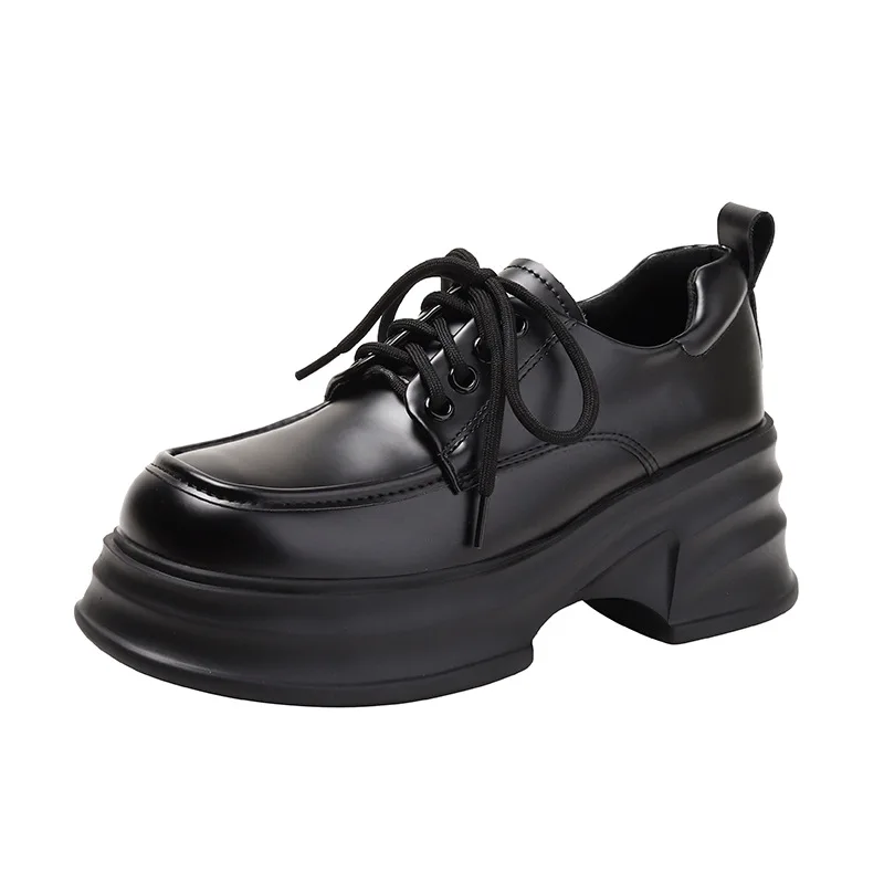 2024 new British wind muffin tie with female small high heel thick sole inside increase 8CM Loafer small leather shoes