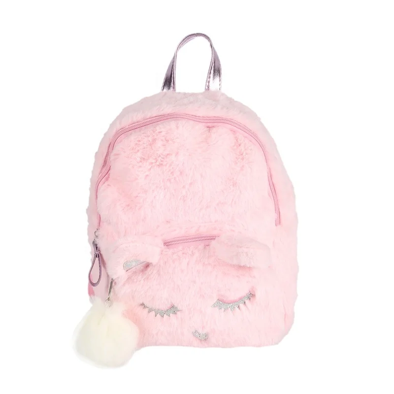 L20*H25*W7CM Small Size Custom Korea New Designer Pink Plush Girls School Bag Kids Backpack With Pompom