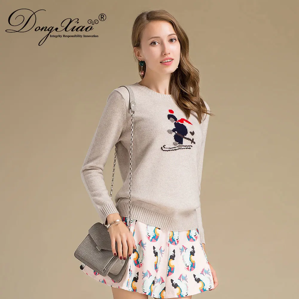 Fashion Skier Jumper Knitting Production Intarsia Women 100% Cashmere Sweater